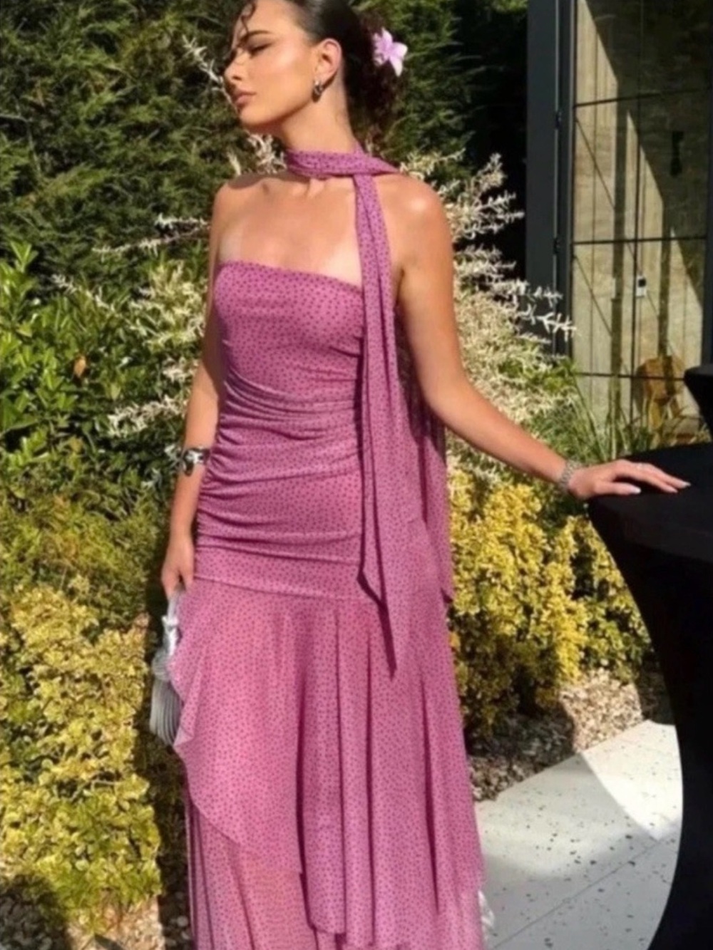 Zara Strapless Ruched Fuchsia Dress with Black Polka Dots